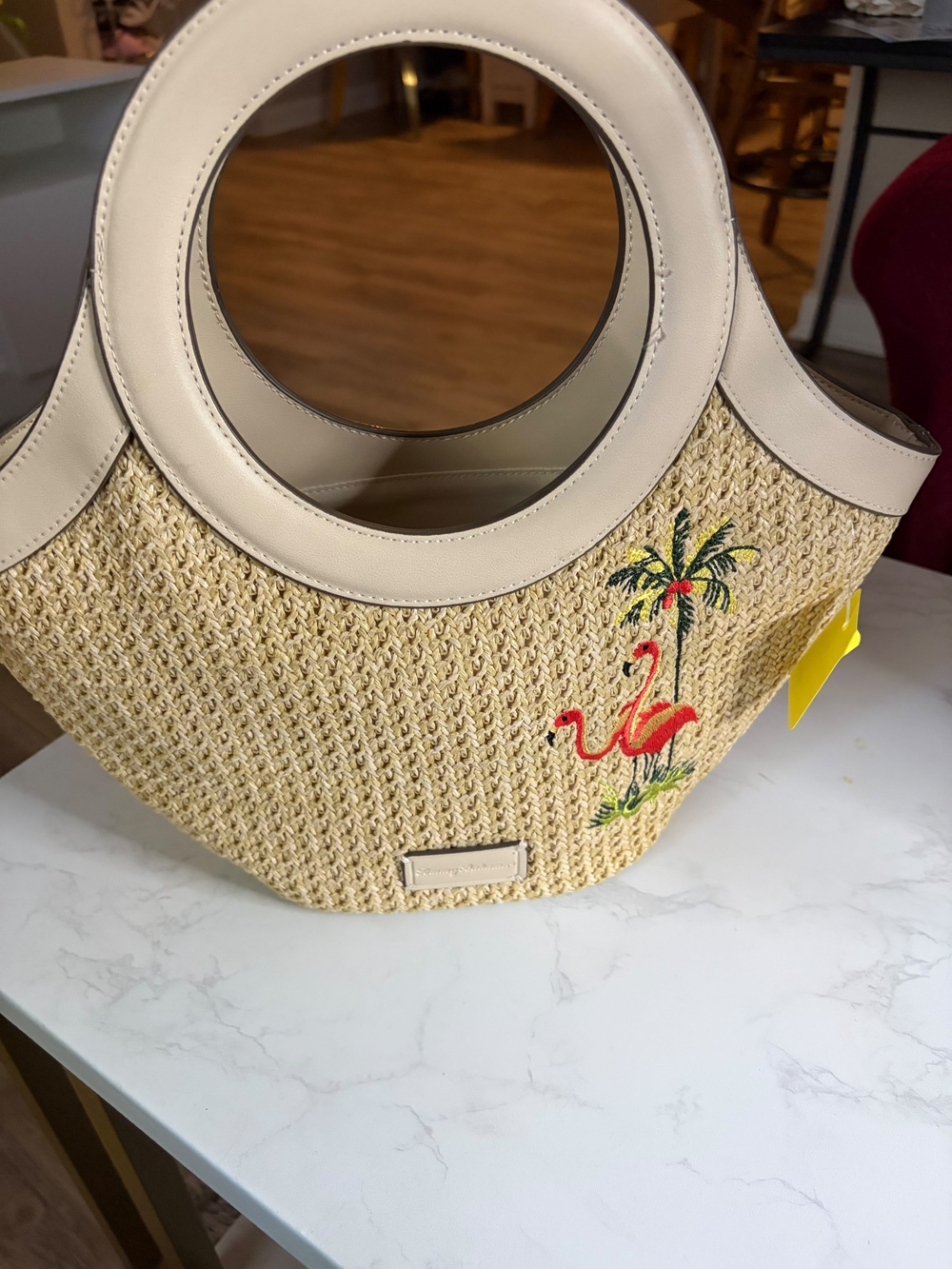 Tommy Bahama Straw Tote with Beige Trim and Pink Flamingo Embroidery